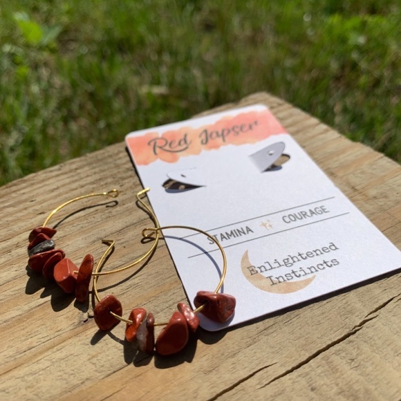 Red Jasper Gemstone Gold Hoop Earrings - Picture 1 of 5